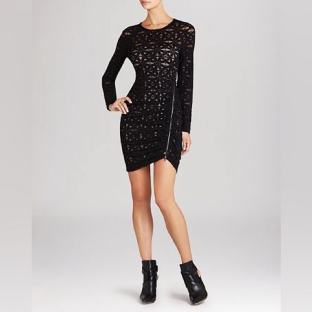 BCBGMaxAzria Alesandra Black Lace Long Sleeve Ruched Dress With Zipper Detail - Picture 4 of 16